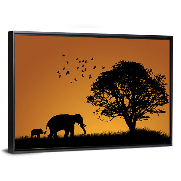Mother Elephant and Calf at Sunset Canvas Wall Art in black and orange, framed canvas, product view on a white background