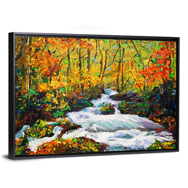 Autumn Maple Waterfall Canvas Wall Art in orange, yellow and green, framed canvas, product view on a white background