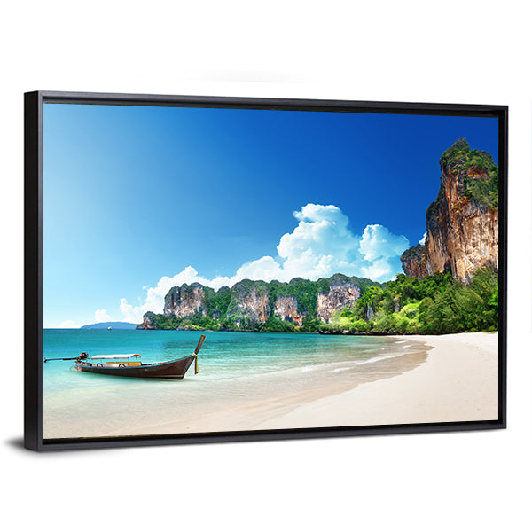 Railay Beach In Krabi Thailand Canvas Wall Art in white, green and blue, framed canvas, product view on a white background