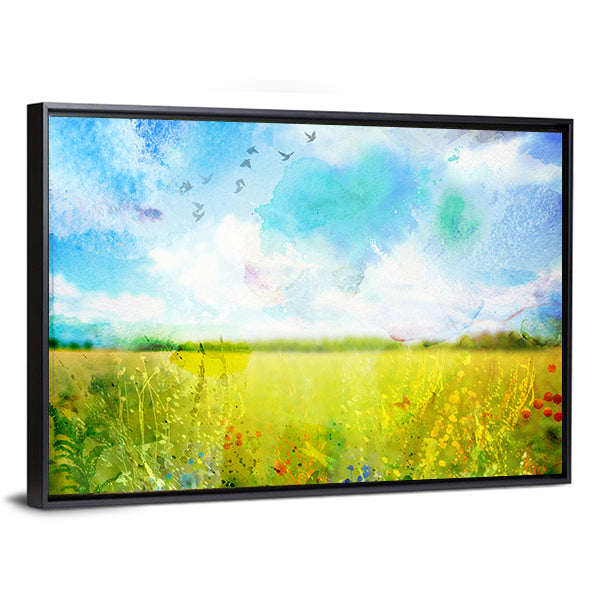 Village Meadow Watercolor Landscape Canvas Wall Art