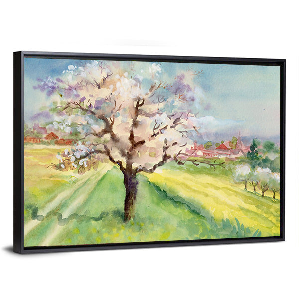 Village Life Watercolor Landscape Canvas Wall Art