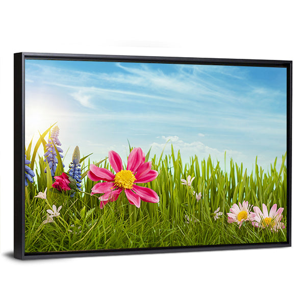 Spring Flowers Under Blue Sky Canvas Wall Art