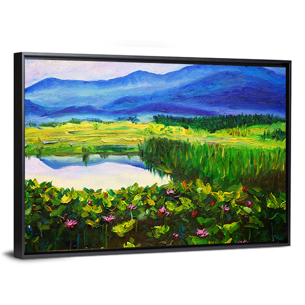 Summer Mountain Lake with Lotus Canvas Wall Art in yellow, green and blue, framed canvas, product view on a white background