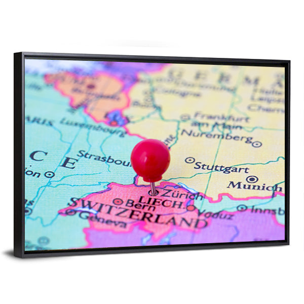 Red Pushpin on Map of Switzerland Canvas Wall Art in red, blue and pink, framed canvas, product view on a white background