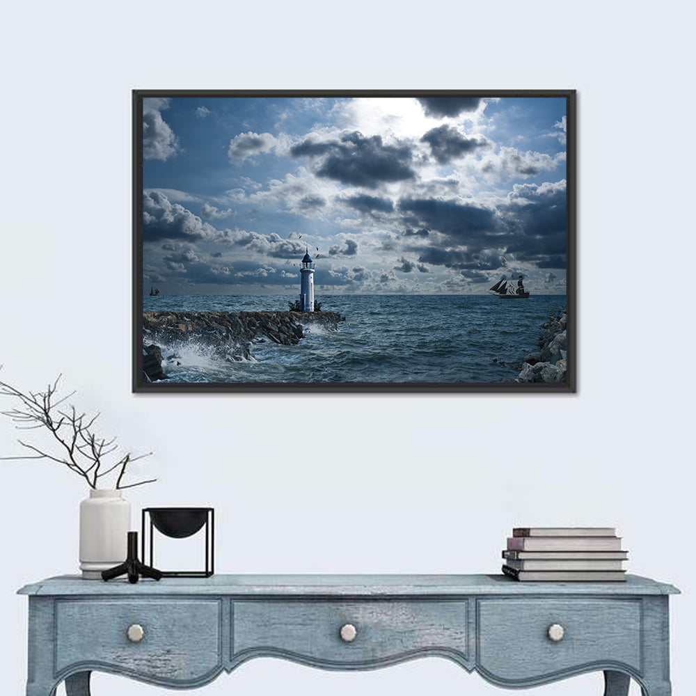 Lighthouse In Sea Storm Wall Art