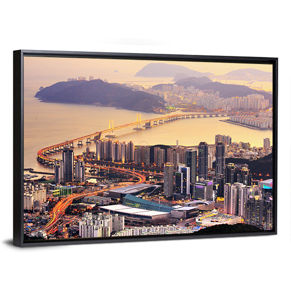Coastal City Skyline at Golden Dusk Canvas Wall Art