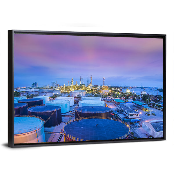 Twilight Oil Refinery with Storage Tanks Canvas Wall Art