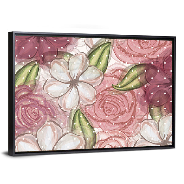 Pink Roses and White Blossoms Pattern Canvas Wall Art