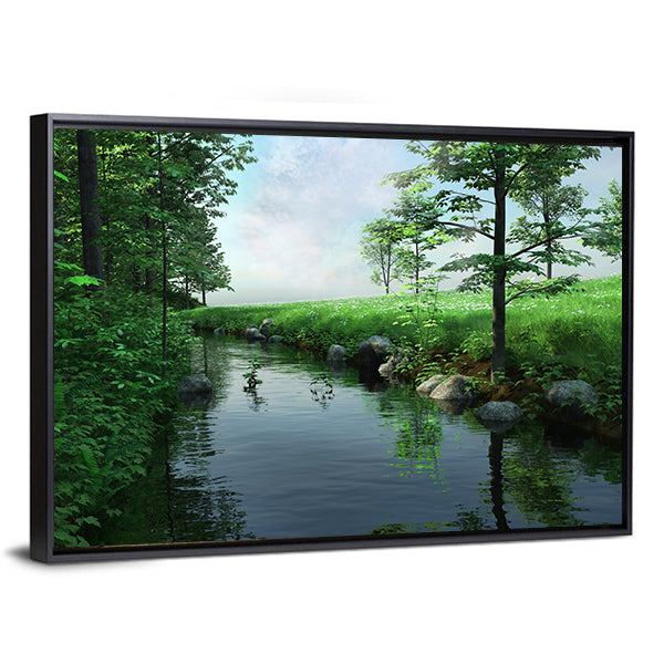 Green Meadow by a Winding Stream Canvas Wall Art