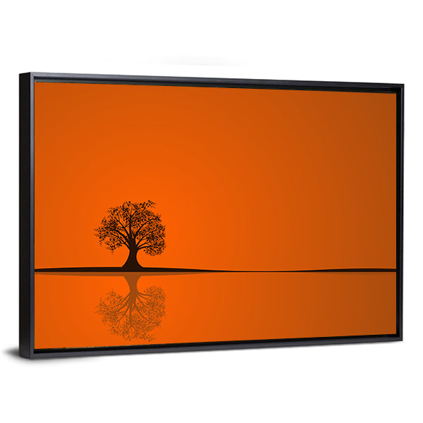 Solitary Tree at Sunset Reflection Canvas Wall Art in black and orange, framed canvas, product view on a white background