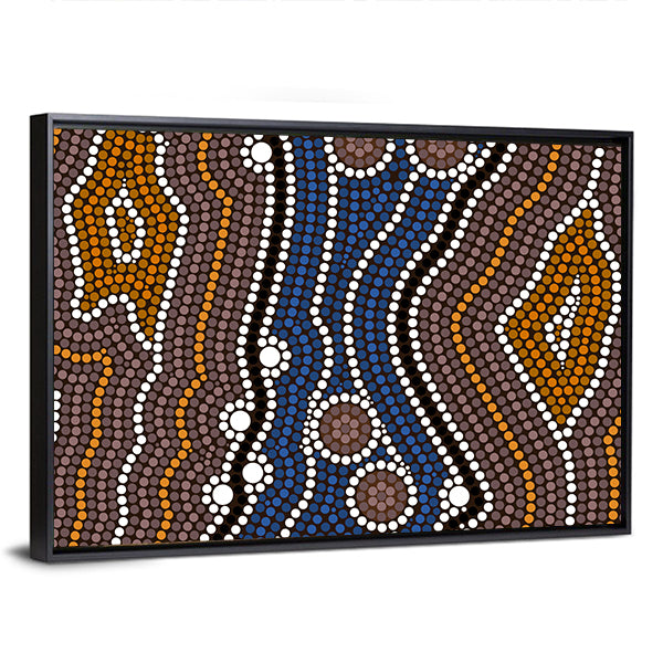Indigenous Australian River Dot Painting Canvas Wall Art in brown, orange and blue, framed canvas, product view on a white background