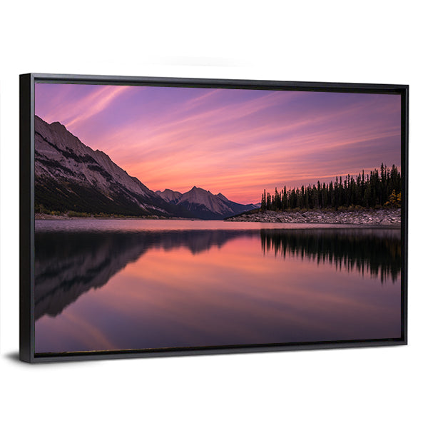 Medicine Lake At Sunset In Canadian Rockies Canvas Wall Art
