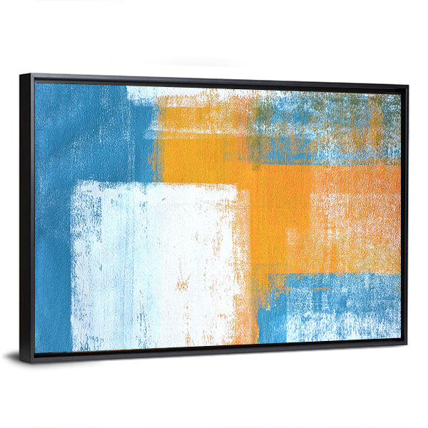 Hand-drawn Abstract Geometric Color Blocks Canvas Wall Art in white, orange and blue, framed canvas, product view on a white background