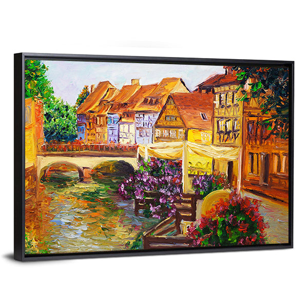 Venice Canal Oil Painting Canvas Wall Art in brown, orange and yellow, framed canvas, product view on a white background