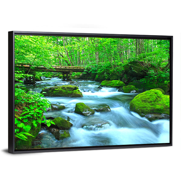 Stream In Spring Forest Canvas Wall Art in white, brown and green, framed canvas, product view on a white background