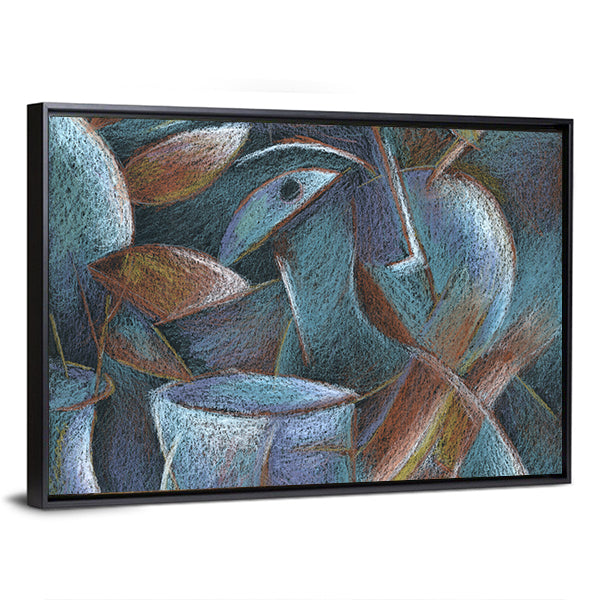Cubist Pastel Abstract Canvas Wall Art in gray, brown and blue, framed canvas, product view on a white background
