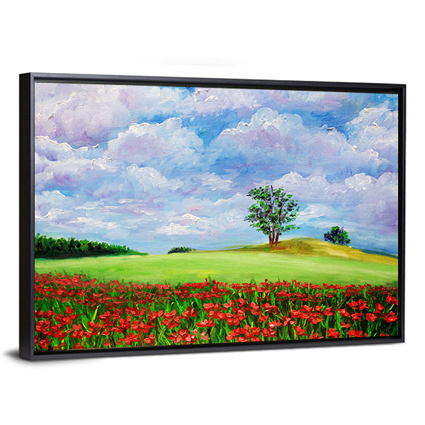 Red Poppy Field Landscape Canvas Wall Art in red, green and blue, framed canvas, product view on a white background