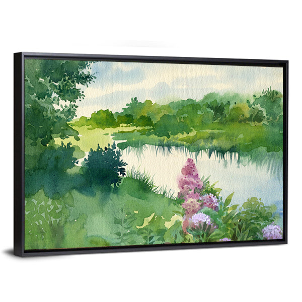 Watercolor River Landscape with Wildflowers Canvas Wall Art