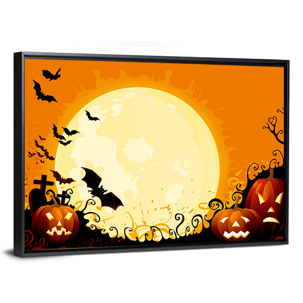 Jack-o'-lanterns Under Full Moon Canvas Wall Art in black, orange and yellow, framed canvas, product view on a white background