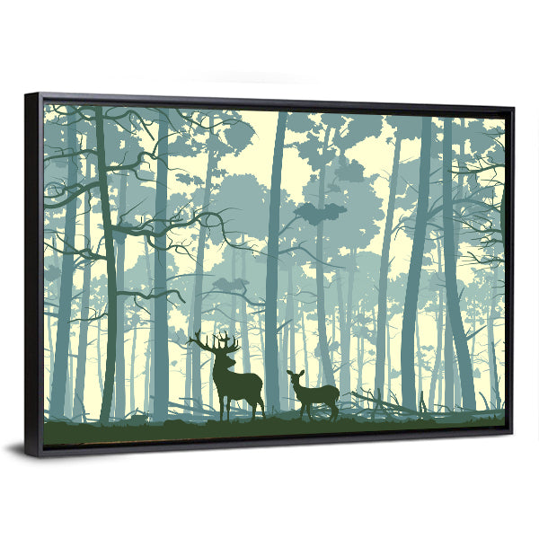 Wild Deer in Forest Canvas Wall Art in beige, yellow and green, framed canvas, product view on a white background