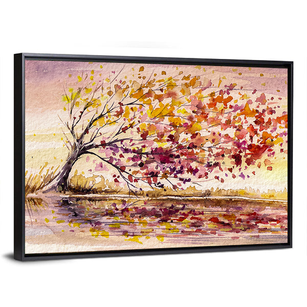 Wind-swept Autumn Tree by the Lake Canvas Wall Art