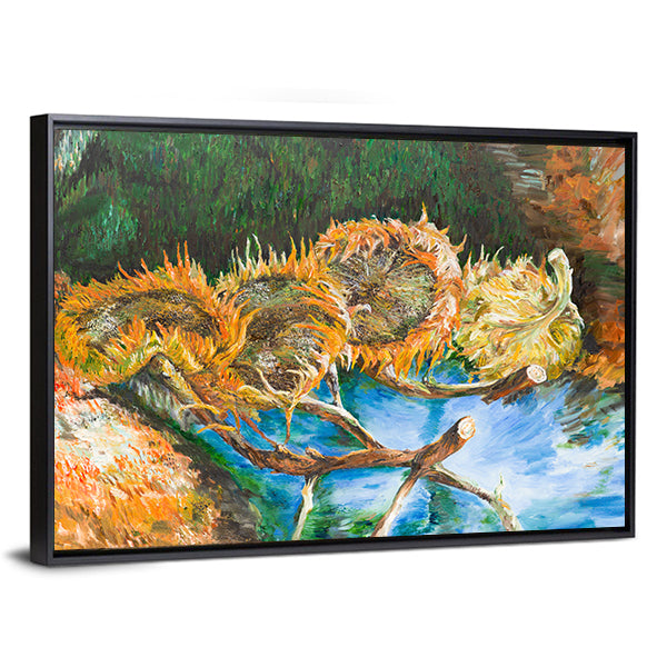 Four Cut Sunflower Heads Canvas Wall Art in yellow, green and blue, framed canvas, product view on a white background
