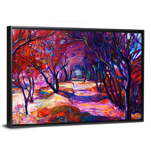 Sunlit Forest Path Canvas Wall Art in red, blue and purple, framed canvas, product view on a white background