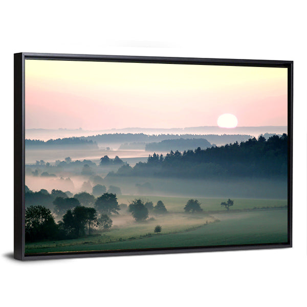 Misty Sunrise Over Layered Hills Canvas Wall Art