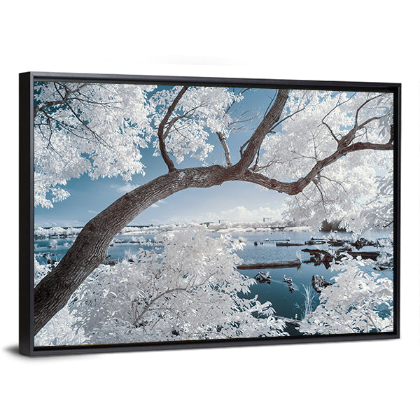 White-foliage Tree Over Forest Pond Canvas Wall Art