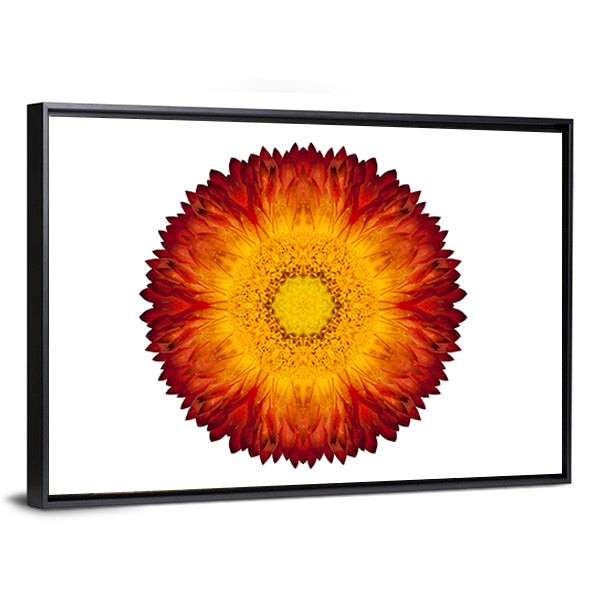 Kaleidoscopic Strawflower Mandala Canvas Wall Art in white, red and yellow, framed canvas, product view on a white background