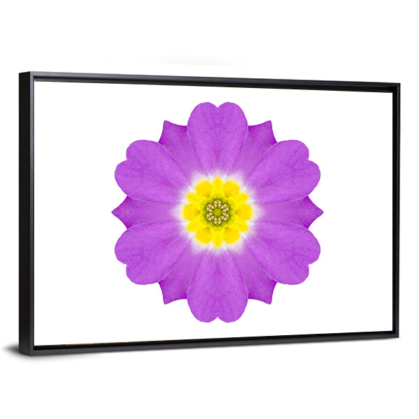 Purple Kaleidoscopic Flower Canvas Wall Art in white, yellow and purple, framed canvas, product view on a white background