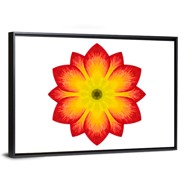 Primrose Mandala Flower Canvas Wall Art in white, red and yellow, framed canvas, product view on a white background