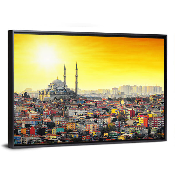 Mosque Suleymaniye At Sunset In Istanbul Canvas Wall Art in orange, yellow and multicolor, framed canvas, product view on a white background