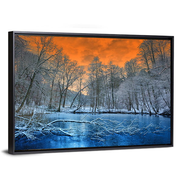 Orange Sunset Over White Winter Forest Canvas Wall Art