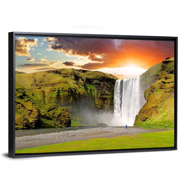 Skogafoss Waterfall At Sunset In Iceland Canvas Wall Art