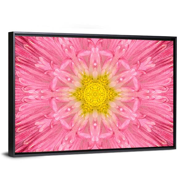 Pink Concentric Flower Canvas Wall Art in yellow and pink, framed canvas, product view on a white background