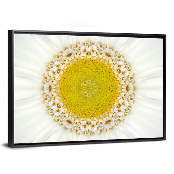 White Concentric Flower Canvas Wall Art in white and yellow, framed canvas, product view on a white background