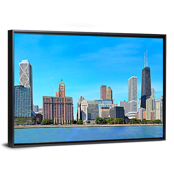 Chicago Lakeshore Skyline Canvas Wall Art in gray, brown and blue, framed canvas shown in a room