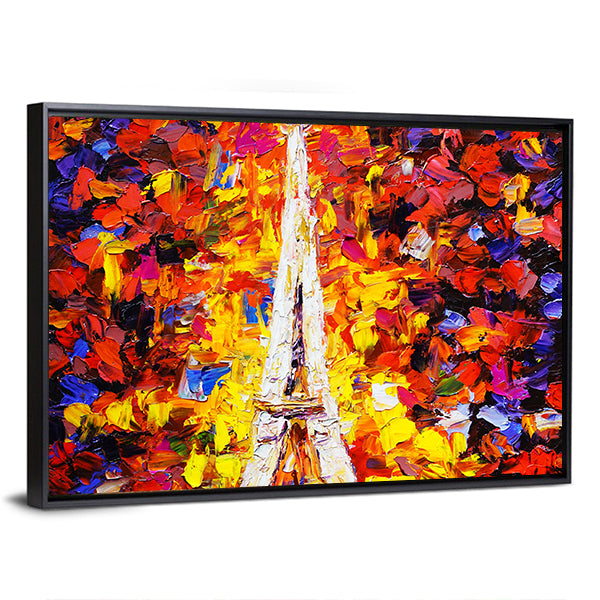 Eiffel Tower in Paris Canvas Wall Art in red, yellow and multicolor, framed canvas, product view on a white background