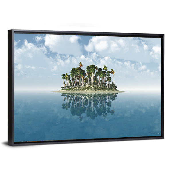 Tropical Island with Mirror Reflection Canvas Wall Art in white and blue, framed canvas, product view on a white background