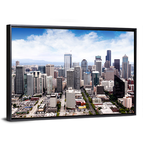 Seattle Cityscape Canvas Wall Art in white, gray and blue, framed canvas, product view on a white background