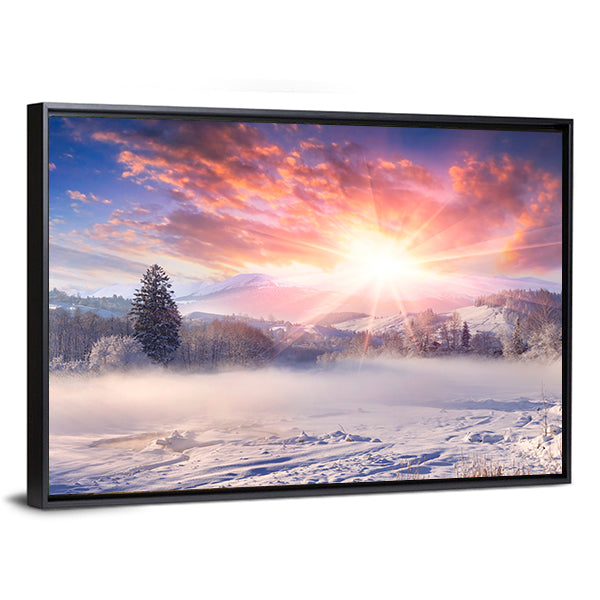 Winter Sunrise Over Snowy Mountains Canvas Wall Art in white, orange and pink, framed canvas, product view on a white background