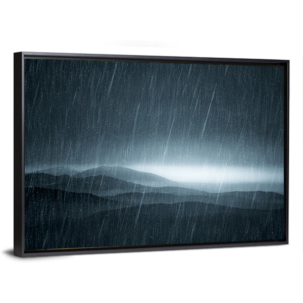 Rain Over Misty Meadows Canvas Wall Art in black, gray and blue, framed canvas, product view on a white background