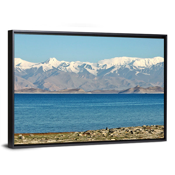 Pamir Mountains And Karakul Lake In Tajikistan Canvas Wall Art in white, brown and blue, framed canvas, product view on a white background