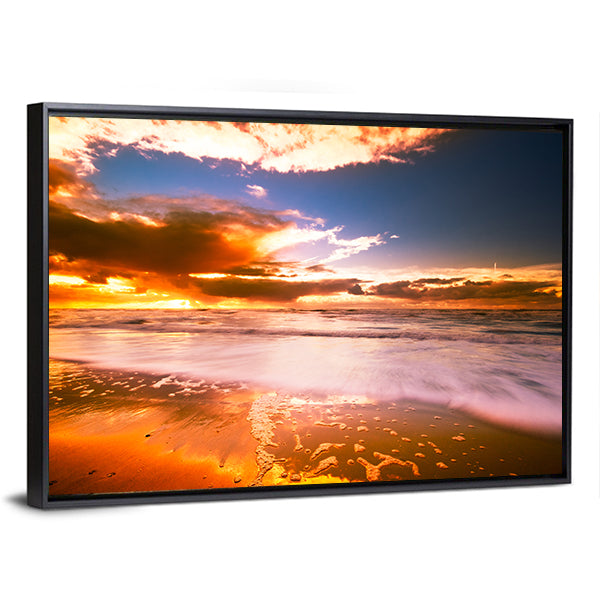 Sunset And Waves On The Beach Canvas Wall Art