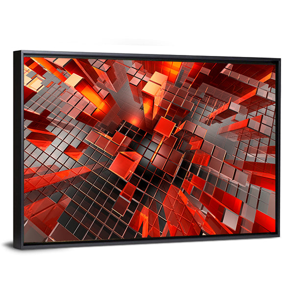 Futuristic Geometric City Blocks Abstract Canvas Wall Art in black, red and orange, framed canvas, product view on a white background