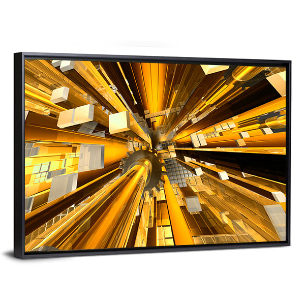 Golden Mechanical Hub Abstract Canvas Wall Art in black, gold and yellow, framed canvas, product view on a white background