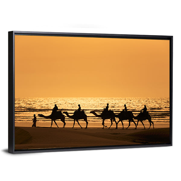 Silhouette Of Dromedary And Tourists At Sunset Morocco Canvas Wall Art