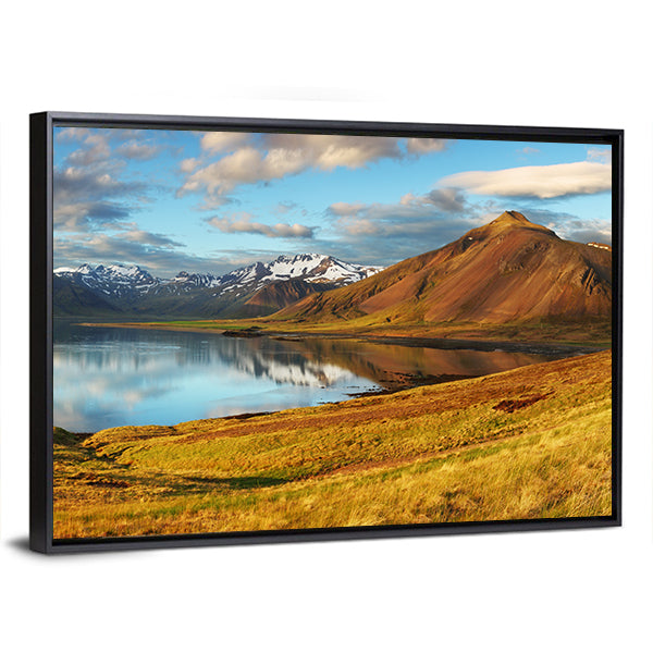 Iceland Mountains and Lake Reflection Canvas Wall Art in brown, yellow and blue, framed canvas, product view on a white background