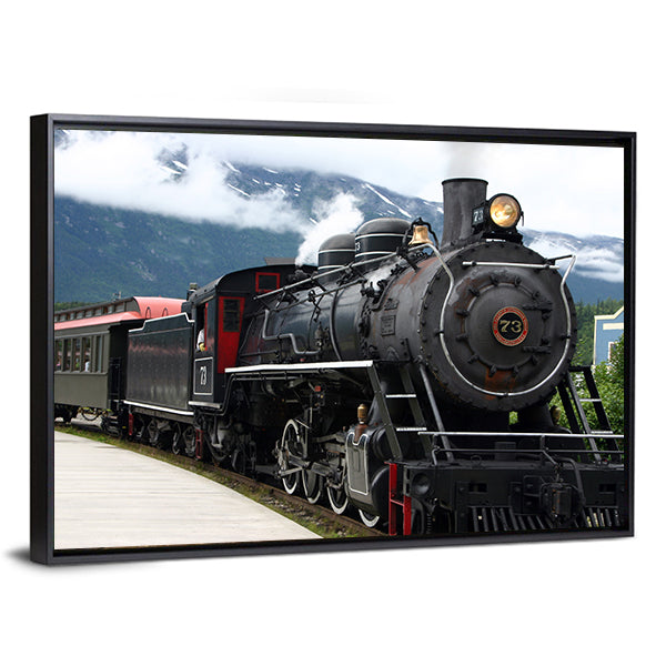 Number 73 Steam Locomotive Departing Station Canvas Wall Art in black, white and gray, framed canvas, product view on a white background